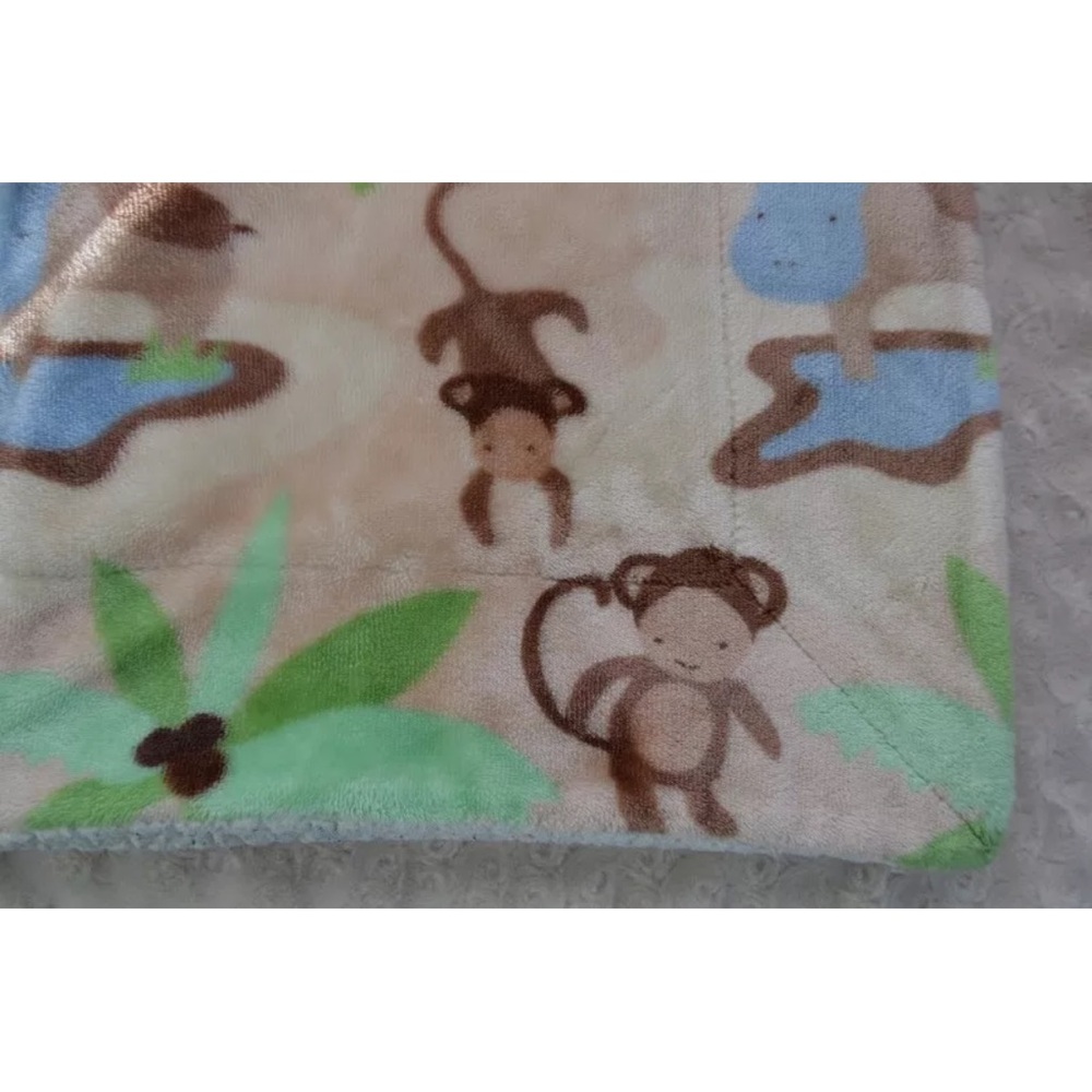 Mon Lapin Monkey Baby Blanket Brown Tan Green Trees Sherpa Back Security
